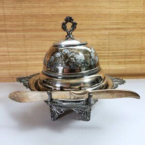 Antique Silver Plated Domed Butter Dish Glass Insert and Knife Victorian Style